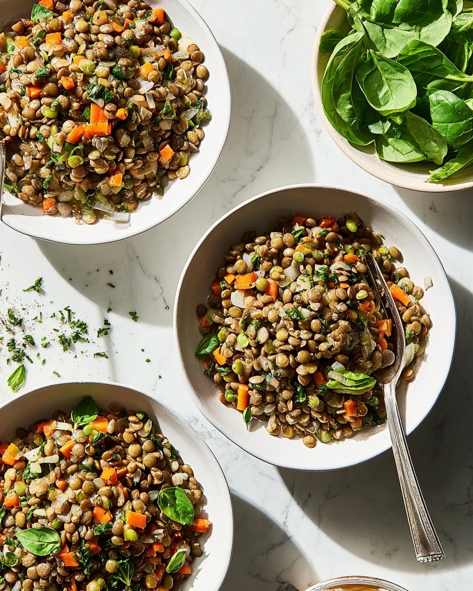 Three white bowls filled with lentil salad are shown from above on a white marbled surface. Each bowl has a mix of cooked green lentils as the main layer, scattered evenly throughout. Mixed in the lentils are small pieces of orange carrots, light brown onions, small green leaves, and tiny green herbs, adding color and texture. A silver fork rests in the top bowl, angled to the right. To the top right of the three bowls, there is a small white bowl filled with fresh green spinach and parsley leaves. Small bits of herbs are scattered lightly on the marbled surface around the bowls. The light is bright and natural, giving a fresh and clean look to the whole scene. photo taken with an iphone --ar 4:5 --v 7