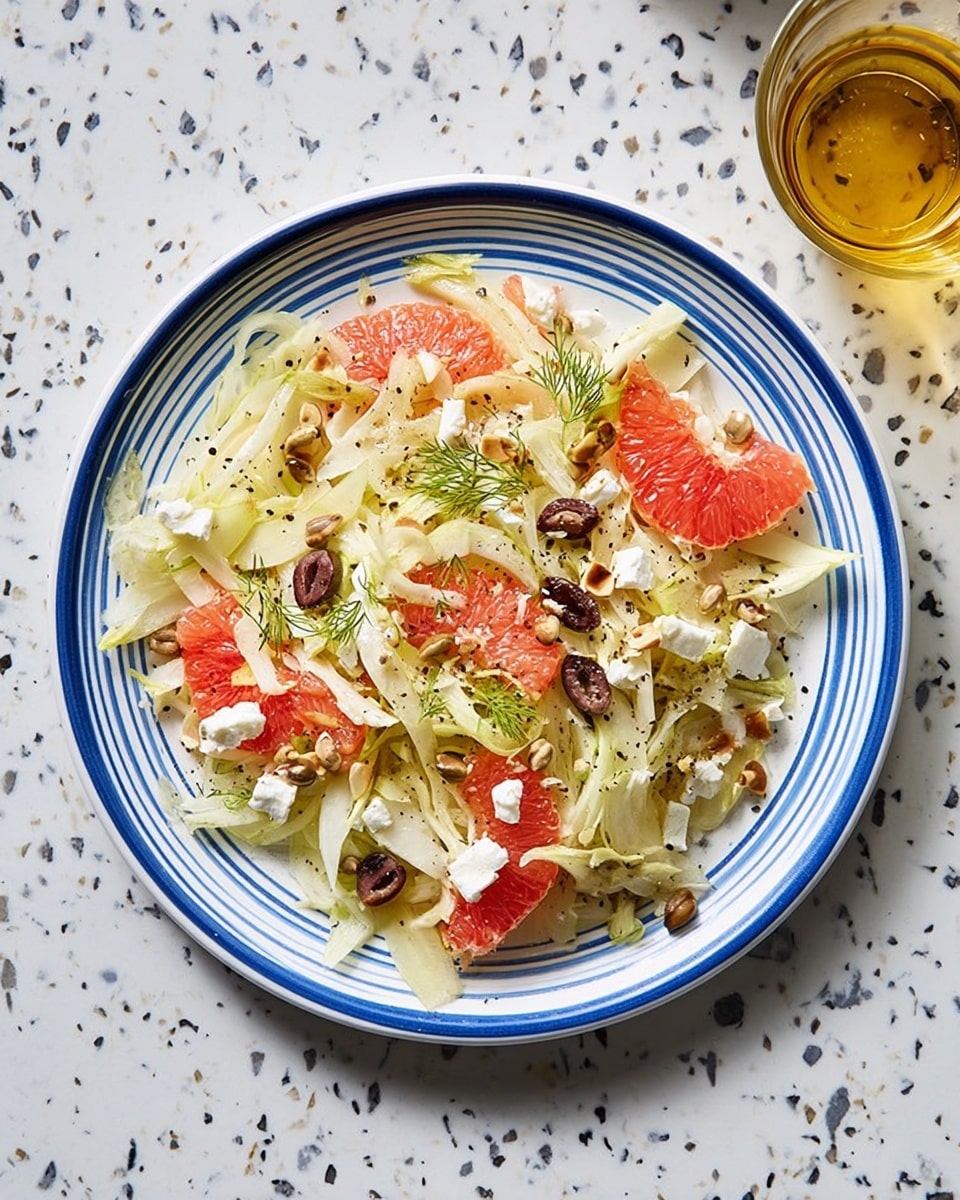 The image shows a white plate with blue stripes filled with a salad made of thin, pale green fennel slices as the base layer. Over this, there are bright pink grapefruit segments and dark purple olive halves scattered evenly. Small white crumbles of cheese and tiny brown pine nuts are sprinkled across the salad. A few light green fennel fronds are placed on top as garnish. The salad is lightly dusted with black pepper. The plate sits on a white marbled surface, and in the top right corner, there is a clear glass bowl with a golden dressing. photo taken with an iphone --ar 4:5 --v 7