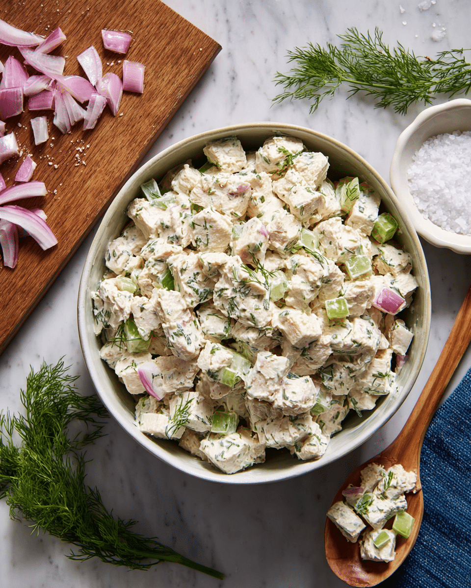 A close-up view shows a bowl filled with a creamy salad made of white chunks of chicken mixed with small pieces of green celery and pinkish chopped shallots, all coated in a thick, white dressing flecked with green herbs. The bowl is white inside and sits on a white marbled surface. To the left, there is a wooden board with chopped shallots and fresh sprigs of dill, and above is a small white bowl filled with coarse white salt. On the right side, a wooden spoon holds a small serving of the salad. Photo taken with an iphone --ar 4:5 --v 7