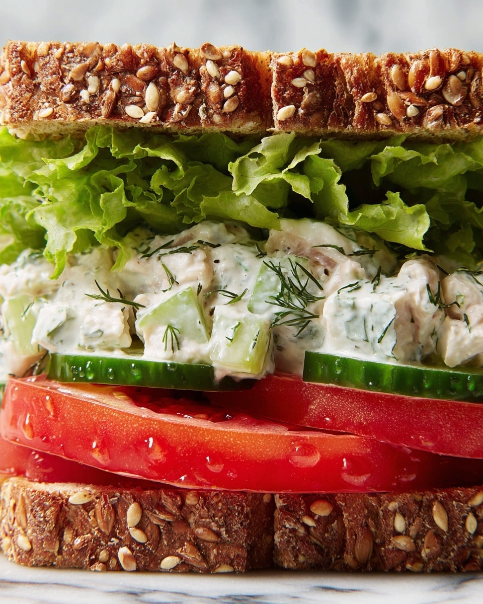 A close-up of a sandwich with three main visible layers: the top layer is a seeded whole grain bread with visible seeds and grains; below it is a fresh green lettuce leaf; the middle layer consists of chunky white creamy salad mixed with diced green cucumber and herbs; beneath that are thick slices of red tomato with droplets of moisture on them; the bottom layer is another slice of the same seeded whole grain bread. The sandwich is shown against a white marbled texture background. photo taken with an iphone --ar 4:5 --v 7