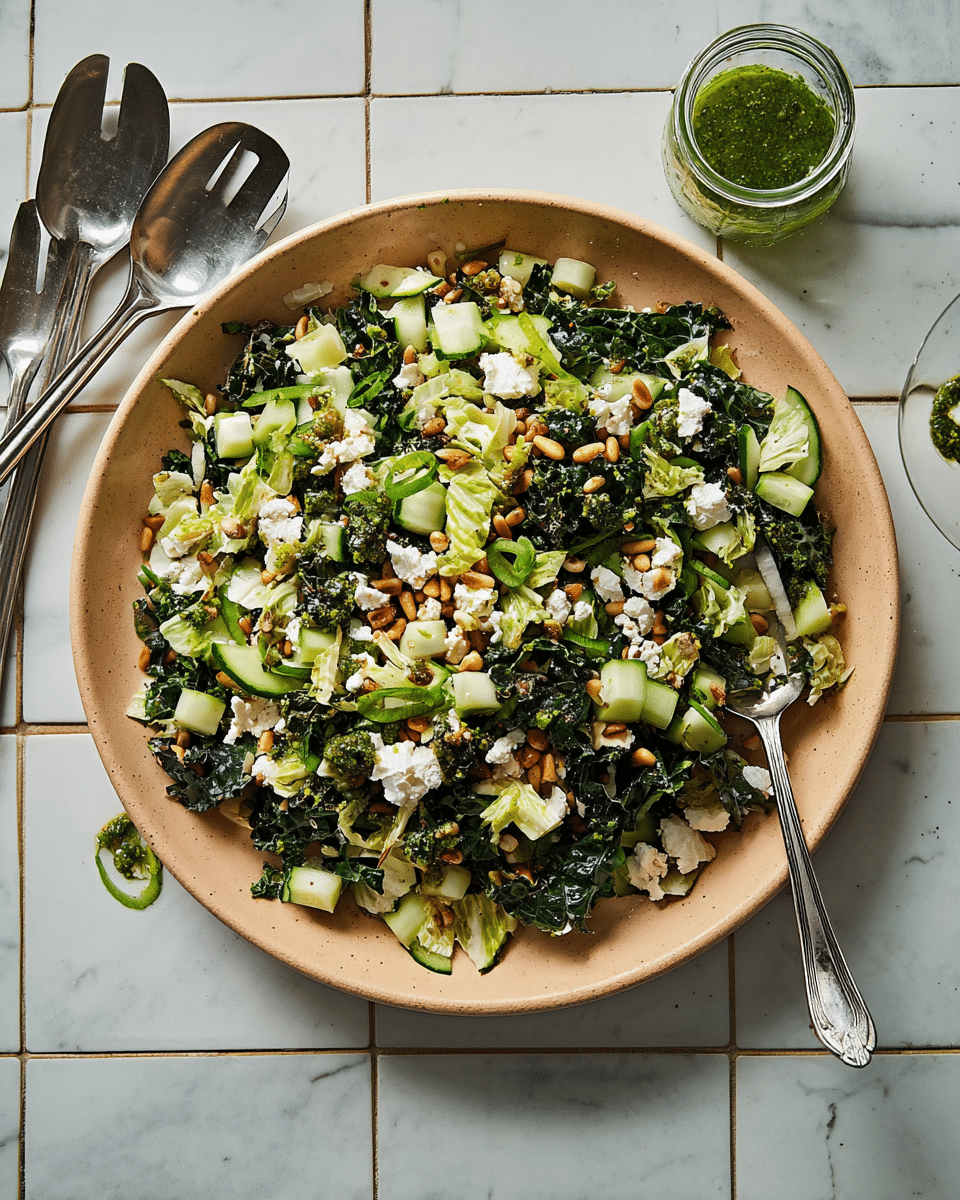 A large, shallow, light brown plate holds a fresh salad with multiple layers: dark green kale leaves and pale green cabbage strips form the base, scattered with small cubes of pale green cucumber and light brown toasted pine nuts. White crumbled cheese is sprinkled on top along with chopped green spring onions and small dollops of green pesto sauce. The plate sits on a white marbled tile surface. To the left, there are three metal salad servers resting on the tiles and above them, a small clear glass jar of green pesto sauce. Photo taken with an iphone --ar 4:5 --v 7
