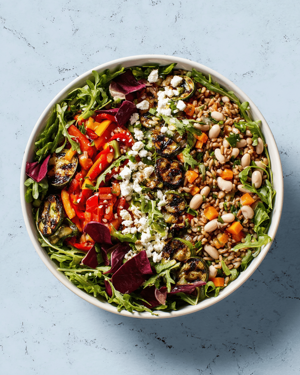 A white bowl filled with a colorful mixed salad placed on a white marbled surface. The salad has four main layers: the base layer with fresh green arugula leaves and dark maroon radicchio pieces, the middle layer with chopped red bell peppers and grilled round slices of dark charred green leek, the next layer with white kidney beans and small pieces of cooked orange carrot sticks, and the top layer sprinkled with crumbly white feta cheese and light brown cooked grains, possibly barley, all mixed well together showing a fresh and vibrant mix of textures and colors. photo taken with an iphone --ar 4:5 --v 7