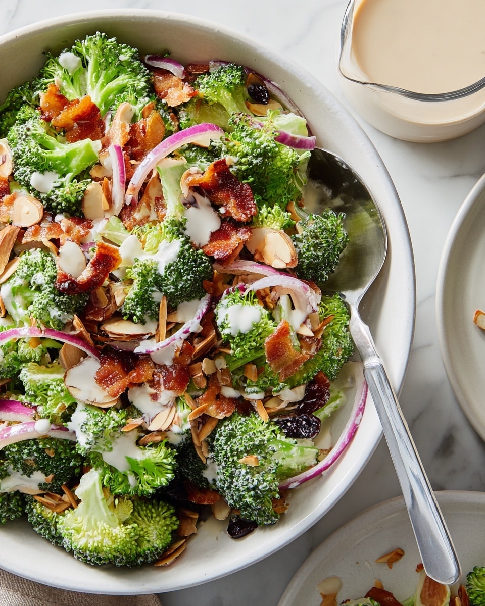 This image shows a white bowl filled with a broccoli salad that has several layers and textures. The bottom layer is made up of bright green broccoli florets, fresh and crisp, mixed with thin slices of purple-red onion. On top of this, there are pieces of crispy brown bacon and crunchy almond slices scattered around. There are also some dark raisins adding color and texture. A creamy white dressing is drizzled unevenly over the salad, giving a glossy look to some parts. The bowl is set on a white marbled surface alongside a glass of light beige dressing and a partial view of a white plate with some salad remnants. A metal spoon rests in the bowl, showing a scoop of salad ready to be served. photo taken with an iphone --ar 4:5 --v 7