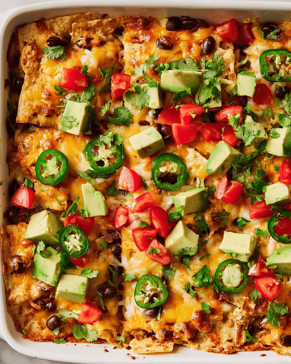 A layered dish in a white baking dish with the bottom layer of crispy light tan tortilla chips, covered by a melted cheese layer that is golden yellow and white, topped with scattered black beans and small pieces of diced tomatoes in bright red. On top, there are fresh chopped green jalapeño slices, small cubes of creamy green avocado, and fresh green cilantro leaves spread evenly. The cheese near the edges is browned slightly, adding texture contrast. The scene is set on a white marbled surface. photo taken with an iphone --ar 4:5 --v 7