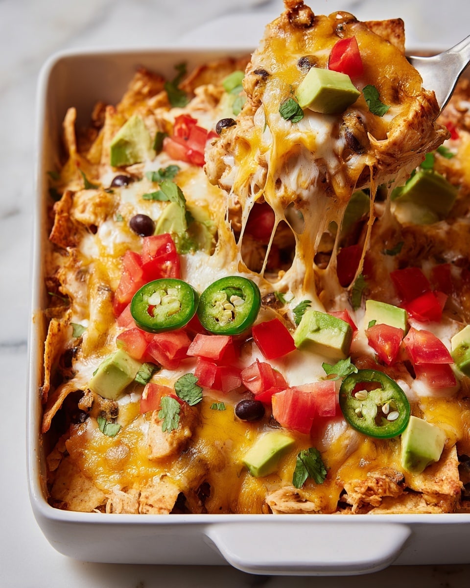 A white square dish filled with layered nachos starts with a base of tortilla chips topped by a mix of melted yellow and white cheese, visible black beans, and pieces of cooked chicken. On top, there are fresh diced red tomatoes, green avocado cubes, sliced green jalapeños, and scattered cilantro leaves. One portion is lifted out with melted cheese stretching between the layers, showing the gooey and rich texture inside. The dish is placed on a white marbled surface. Photo taken with an iphone --ar 4:5 --v 7