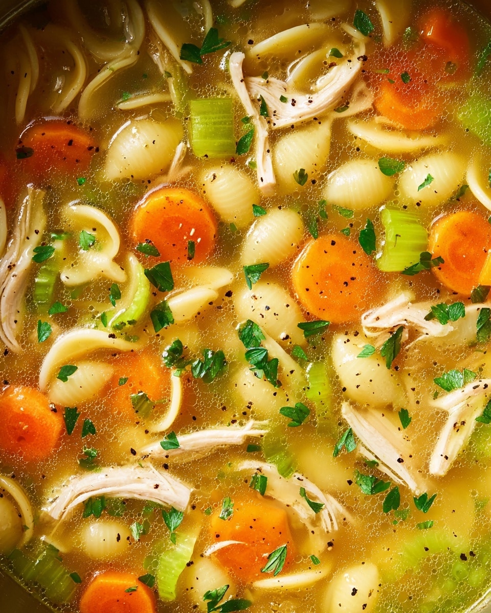 A close-up view of chicken noodle soup showing clear golden broth filled with three main layers: shredded white chicken pieces, slices of bright green celery, and round slices of orange carrot, all mixed with small shell pasta that is pale yellow. The top layer is sprinkled with chopped fresh green herbs and specks of black pepper, floating gently on the soup surface. The smooth, clear broth lets all the ingredients be seen through it, giving a warm, comforting look. The photo taken with an iphone --ar 4:5 --v 7