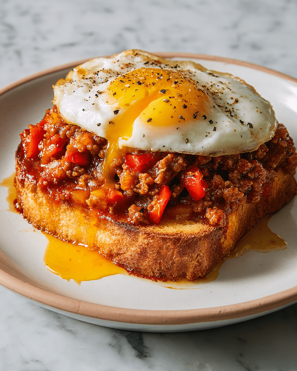 A white skillet filled with a thick red tomato sauce layer that has visible chunks of diced red peppers and spices, topping with three cooked eggs with white edges and soft yolks in the center, sprinkled with thin, uneven slices of pale yellow cheese and black pepper. The skillet rests on a white marbled surface, and a spoon is partially dipped into the sauce near the bottom right. The sauce's texture looks rich and slightly chunky, with some oil shiny spots on the eggs. photo taken with an iphone --ar 4:5 --v 7