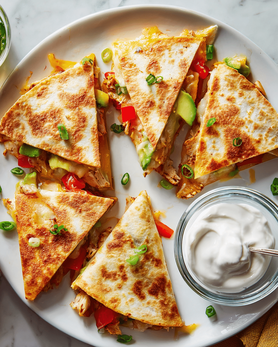 The image shows a white plate with several triangular quesadilla pieces arranged close together. Each piece has a golden-brown, crispy outer tortilla layer with visible light and dark browned spots. Inside, there are layers of melted yellow cheese, chunks of green avocado, bright red bell pepper slices, and cooked light brown chicken pieces mixed with some green herbs or scallions. Around the plate, small pieces of green scallions and thin cooked onion strips are scattered. To the side, there is a clear glass bowl filled with smooth white sour cream with a silver spoon in it, set on a white marbled textured surface. photo taken with an iphone --ar 4:5 --v 7