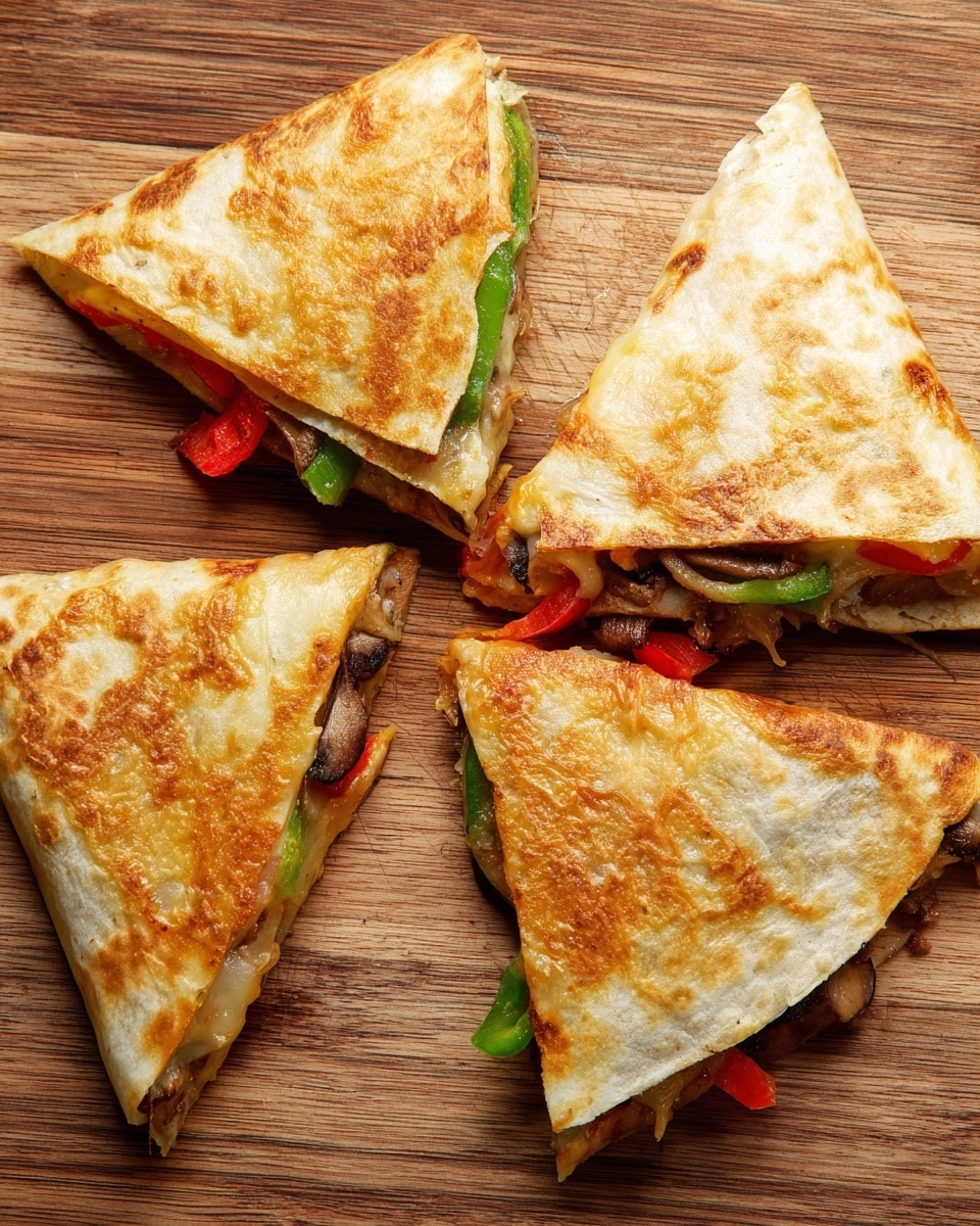 Three triangular quesadilla slices are placed on a wooden cutting board, each showing a golden brown crispy outer layer. Inside, the quesadillas have visible layers of melted cheese that is lightly browned, green bell pepper slices, red bell pepper strips, and small bits of grilled mushrooms spread evenly. The edges of the triangles reveal a slightly toasted tortilla with a soft inner texture. The quesadilla pieces are arranged in a loose, slightly overlapping manner. photo taken with an iphone --ar 4:5 --v 7