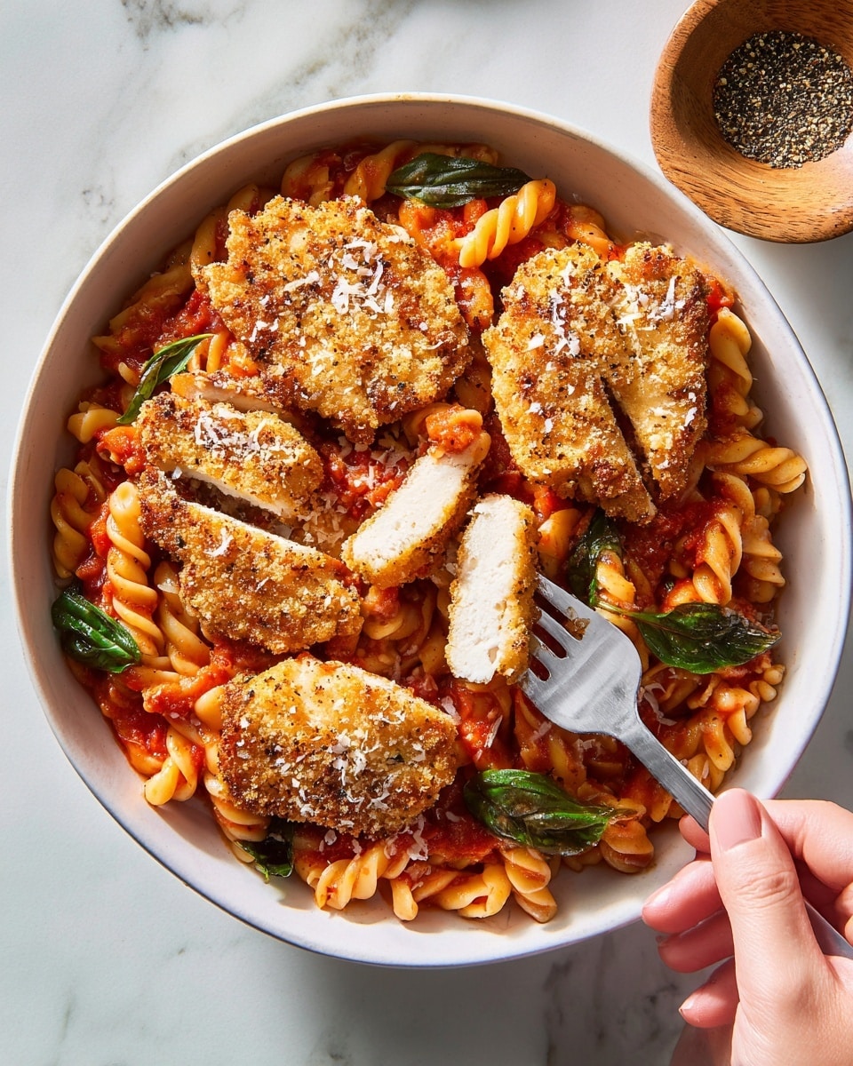 A white bowl filled with twisted pasta coated in a rich red tomato sauce forms the base layer, with fresh green basil leaves scattered throughout. On top, there are four crispy pieces of golden-brown breaded chicken arranged in a rough circle, sprinkled lightly with grated cheese. A silver fork held by a woman's hand is lifting one piece of chicken, showing the juicy white interior. The bowl is set on a white marbled surface, and a small wooden bowl with ground black pepper is visible in the top right corner. Photo taken with an iphone --ar 4:5 --v 7