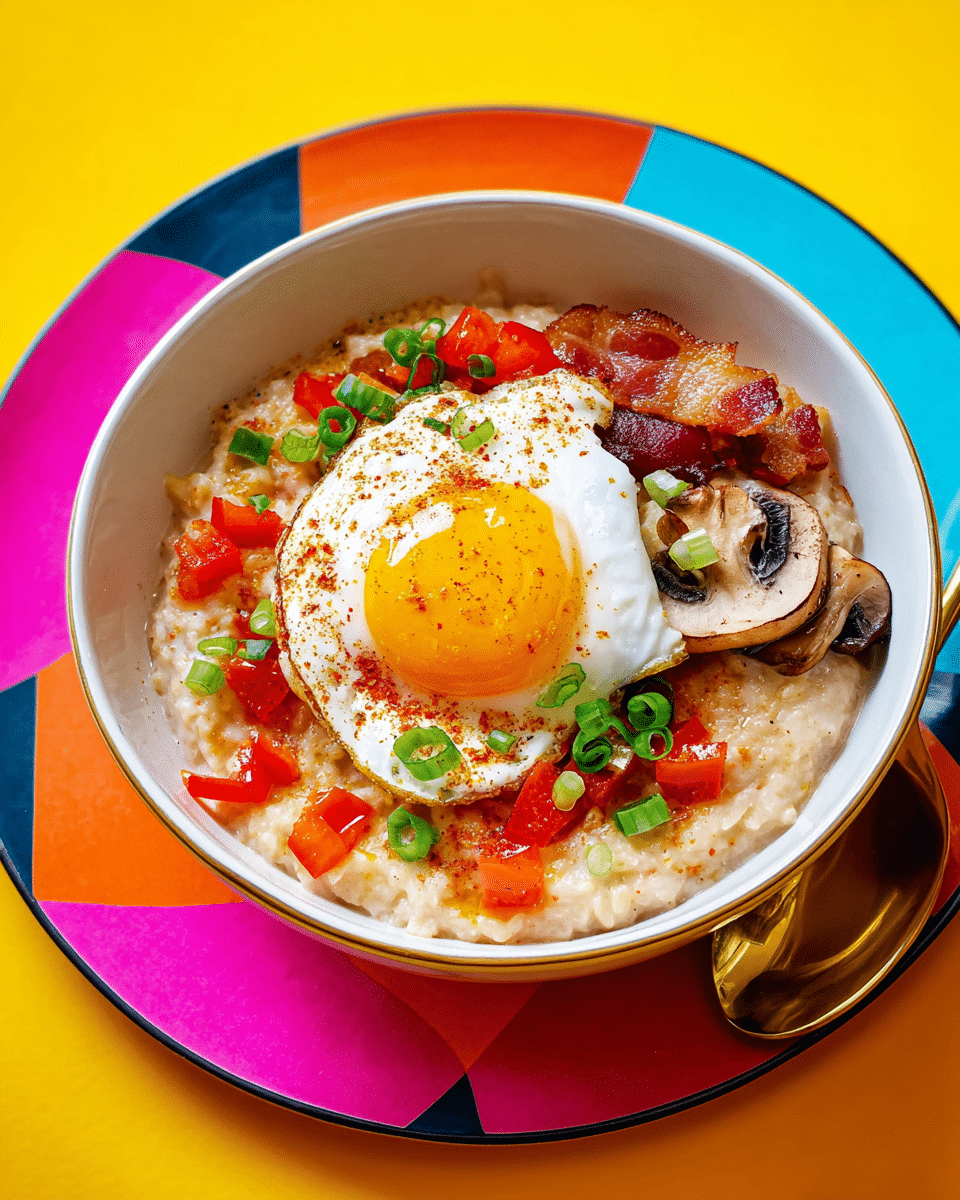 A white bowl filled with creamy oatmeal forms the base layer, textured and slightly lumpy, topped with diced red bell peppers scattered around. On top of this sits a single fried egg with a bright white edge and a soft, runny golden yolk partially spilling over. Surrounding the egg are slices of sautéed brown mushrooms, crisp golden-brown bacon strips, and a sprinkling of chopped green onions adding a fresh green touch. The bowl is placed on a colorful plate with large geometric patterns in pink, blue, orange, and black, all set against a bright yellow background. Photo taken with an iphone --ar 4:5 --v 7