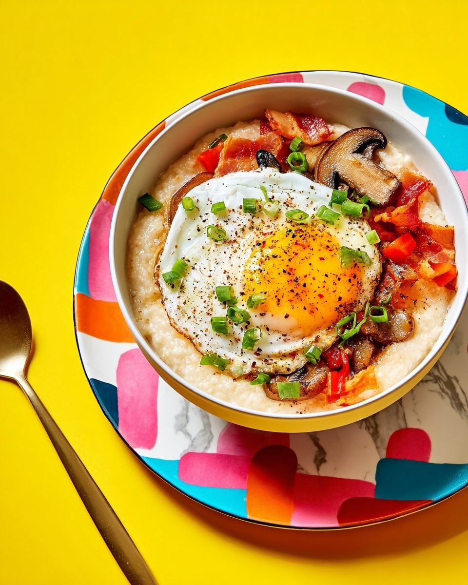 A white bowl filled with creamy beige grits forms the base layer, topped with a fried egg that has a glossy, slightly runny yellow yolk and a firm white edge, sprinkled with black pepper and green chopped scallions. Around the egg, there are bright red diced bell peppers, dark brown sautéed mushrooms with a soft texture, and crispy golden brown bacon strips. The bowl is placed on a white plate with a colorful geometric pattern in pink, orange, blue, and black, all set against a bright yellow background with a white marbled texture surface partially visible. photo taken with an iphone --ar 4:5 --v 7