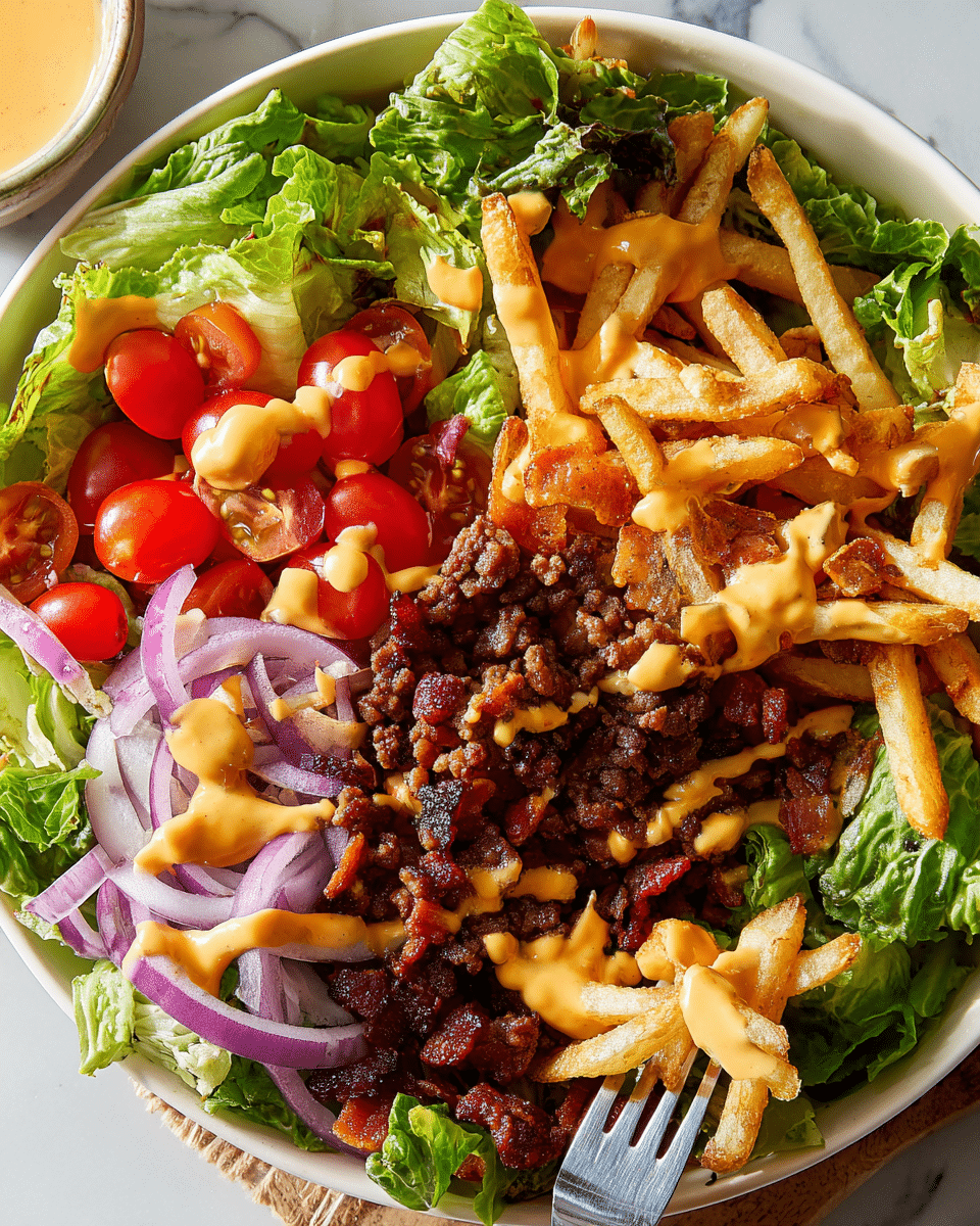 The dish is served on a white plate with leafy green lettuce as the base layer spread all over the plate's bottom. On top of the lettuce, there are two clusters of vibrant red cherry tomato halves mixed with thin slices of purple onion on one side, and crispy golden french fries scattered over the other side. Interspersed across the plate are shiny dark brown crispy bacon pieces and browned ground beef covered with melted orange cheddar cheese. A light orange creamy sauce is drizzled unevenly over all layers, accentuating the fresh and cooked colors. The plate rests on a white marbled surface, and a fork holding some fries and lettuce is positioned at the bottom right. Photo taken with an iphone --ar 4:5 --v 7
