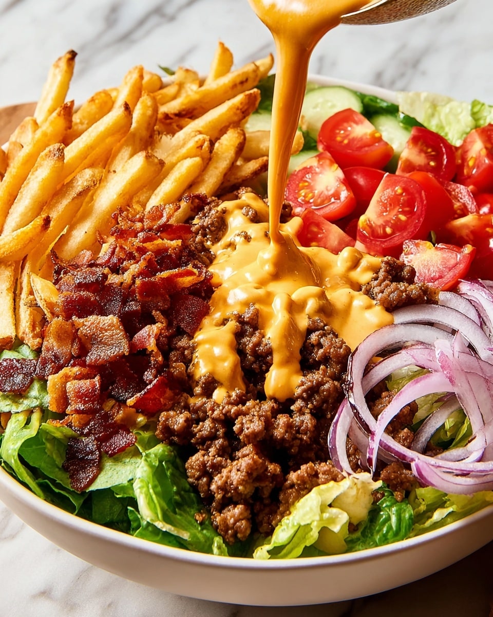 A white bowl filled with a colorful layered salad. At the bottom, there is a bed of green lettuce leaves covering the bowl. On the left side, a pile of crispy golden French fries rests partially over the lettuce. Next to the fries, there is a generous amount of crispy, browned bacon pieces. On the right side, cooked ground beef mixed with melted cheddar cheese forms a rich brown and orange layer. Cherry tomato slices and thin rings of purple onions are arranged on the far right side beside the beef. Creamy orange sauce is being poured over the beef layer from above, dripping down in thick dollops. The bowl is set on a white marbled surface. Photo taken with an iphone --ar 4:5 --v 7