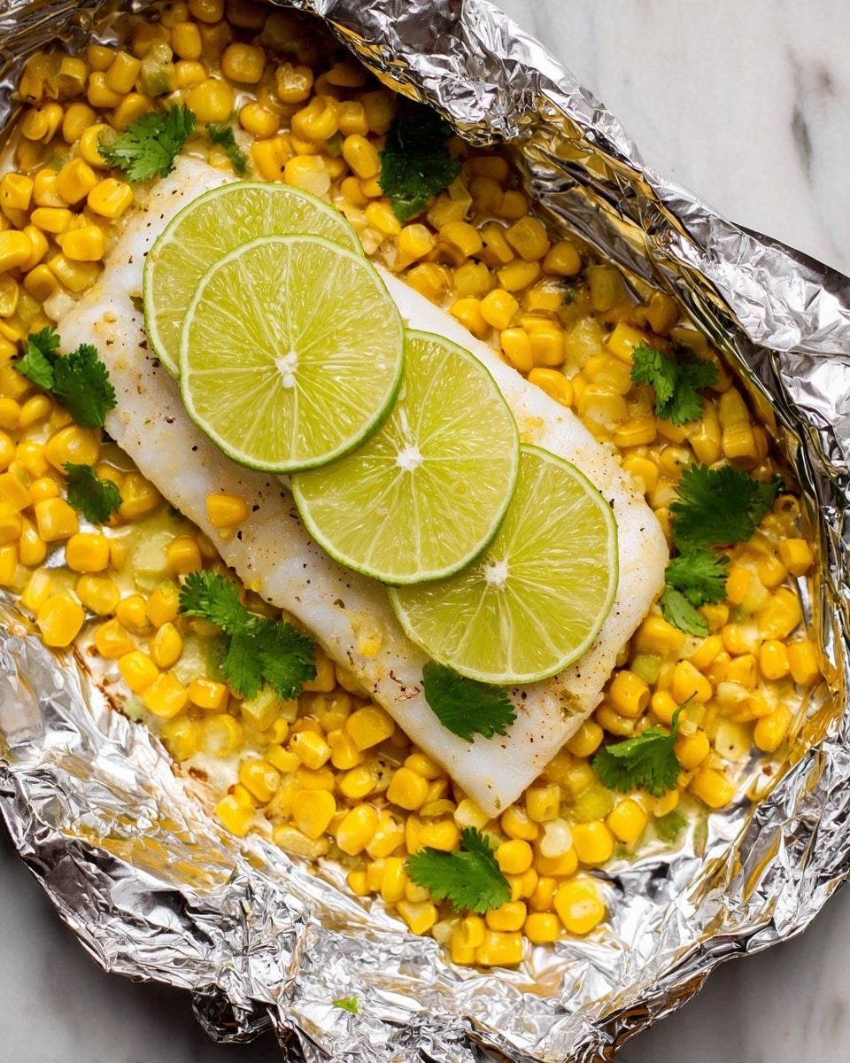 The image shows a foil packet with a cooked white fish fillet at the bottom layer, topped with bright yellow corn kernels scattered all over. Above the corn, there are four thin, rounded slices of fresh lime placed in a slightly overlapping row. Green cilantro leaves peek out around the fish and lime slices, adding a touch of green to the scene. The foil edges are crinkled and surround the food, giving a shiny metallic contrast to the colorful ingredients. This is all placed on a white marbled texture surface photo taken with an iphone --ar 4:5 --v 7