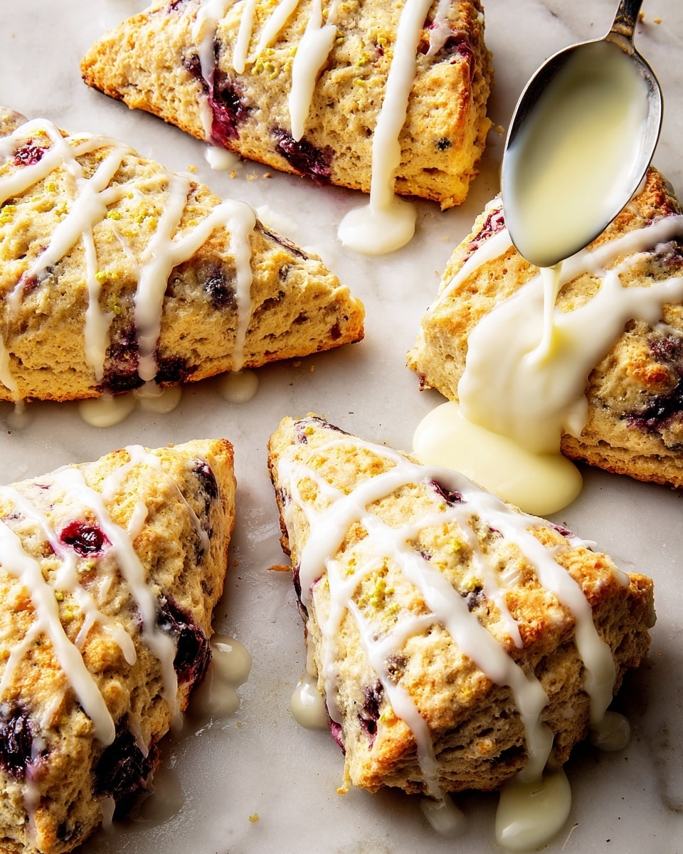 The image shows several triangular scones with a golden-brown, slightly crumbly texture and visible dark purple berry pieces inside. Each scone has three to four thick, creamy white icing lines drizzled across the top, with extra icing dripping down the sides and onto a white marbled surface underneath. A silver spoon is shown in the top right corner pouring more icing over one scone, adding a glossy, smooth layer on top. The scones have a rustic, homemade look with uneven edges and a warm color contrast between the golden crust and deep berry spots. photo taken with an iphone --ar 4:5 --v 7