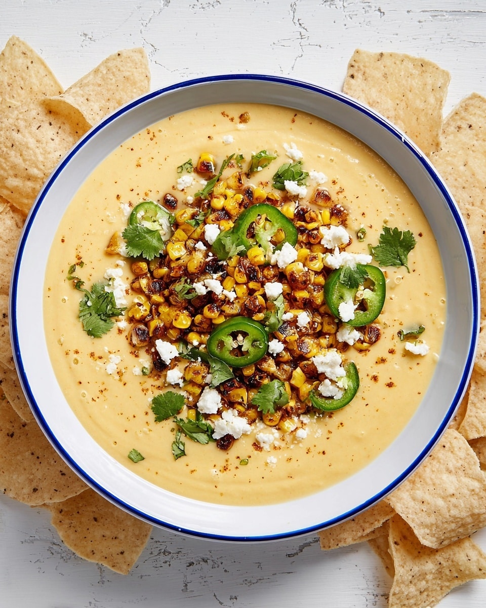 A white bowl with blue rim holds a creamy pale yellow soup as the base layer, smooth in texture. On top is a second layer made of small roasted corn kernels, some golden brown and some darker charred, mixed with bright green sliced jalapeños. Scattered throughout are small white onion pieces and crumbled white cheese. Fresh green cilantro leaves are spread on top, adding flecks of vibrant color. The bowl sits on a white marbled surface, surrounded by large pale beige tortilla chips. photo taken with an iphone --ar 4:5 --v 7