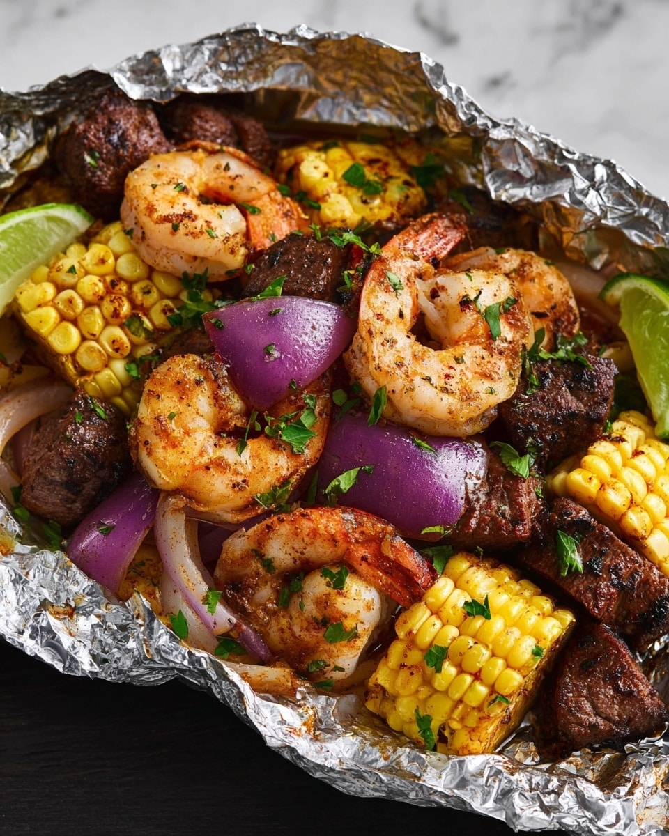The image shows a foil packet filled with grilled food that has three main layers. The bottom layer is made of lightly charred corn pieces with bright yellow kernels and some green lime slices. Above that, there are thin slices of grilled purple onions scattered among the corn and shrimp. The top layer is seasoned cooked shrimp with a pink-orange color, mixed with grilled dark brown beef chunks. Small green herb pieces are spread across the dish, adding color contrast. The foil's shiny texture surrounds the food, reflecting light, all set on a white marbled surface. Photo taken with an iphone --ar 4:5 --v 7