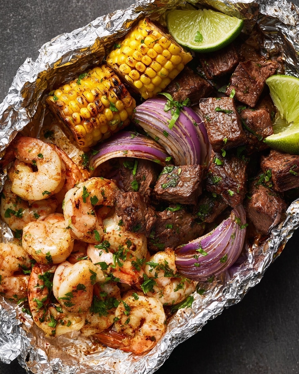 This close-up image shows a foil tray filled with grilled food. The bottom layer includes tender shrimp with a pink and white color, speckled with green herbs and a light seasoning. Next to the shrimp are chunks of dark brown grilled beef, also topped with green herbs. Scattered among the meat and shrimp are slices of grilled purple onions, soft and slightly charred. Two grilled corn pieces with golden yellow kernels and light brown grill marks rest near lime wedges with bright green skin and pale green inside. The foil reflects light, giving a shiny silver background to the dish. photo taken with an iphone --ar 4:5 --v 7