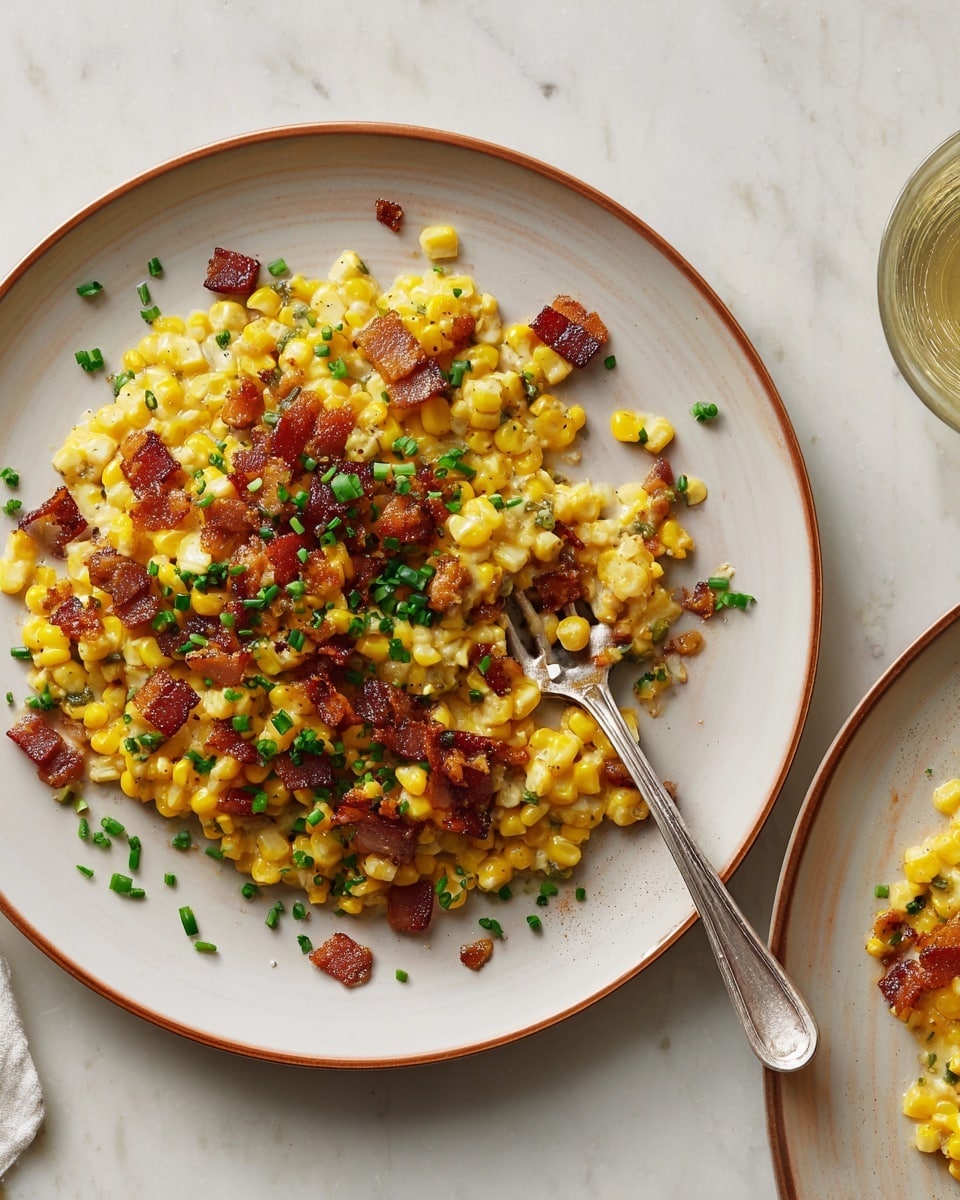 A white plate with a light brown rim holds a creamy corn dish with three main layers: the bright yellow corn kernels form the base layer, the middle layer is made of scattered crispy dark reddish-brown bacon pieces, and the top layer has small fresh green chive bits spread evenly. A silver fork rests on the plate’s right side, touching the food slightly. There are a few loose corn kernels and chive pieces around the edge of the plate, all set on a white marbled textured surface with part of another similar plate visible nearby. photo taken with an iphone --ar 4:5 --v 7