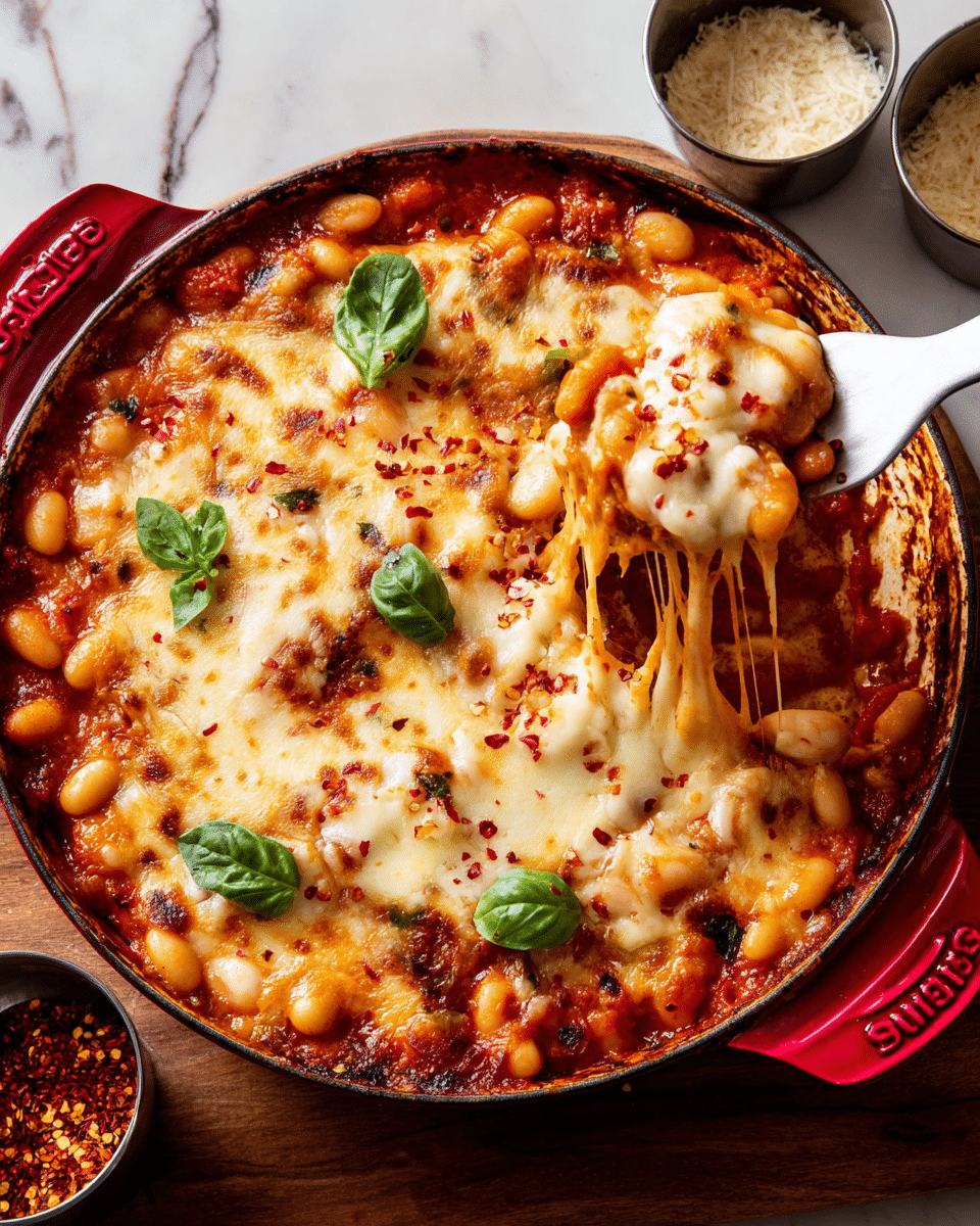 A close-up of a round, red cast iron pan with baked pasta inside, showing three main layers: a bottom layer of white beans mixed in thick red tomato sauce, a middle layer of melted golden-yellow mozzarella cheese stretching as a white plastic spatula lifts a portion, and a top layer sprinkled with red chili flakes and fresh green basil leaves scattered around. The pan sits on a wooden table with two small metal bowls to the side—one filled with red chili flakes and the other with grated Parmesan cheese—against a white marbled surface. photo taken with an iphone --ar 4:5 --v 7