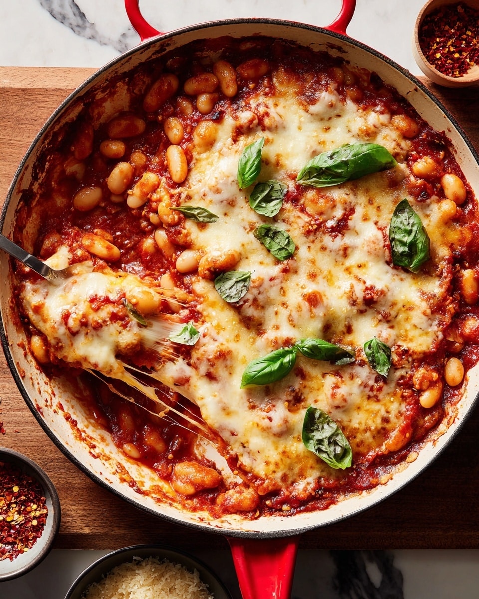 A close-up of a baked dish in a white cast iron round pan with a red handle, showing layers that start with a rich red tomato sauce at the bottom, covered by golden melted cheese on top that stretches as a piece is being lifted by a utensil. White beans and small red pepper flakes are spread throughout the tomato sauce layer, while fresh green basil leaves sit on top of the cheese as garnish. The pan is placed on a wooden surface next to small bowls filled with red pepper flakes and grated cheese. The whole scene is set against a white marbled texture surface. Photo taken with an iphone --ar 4:5 --v 7