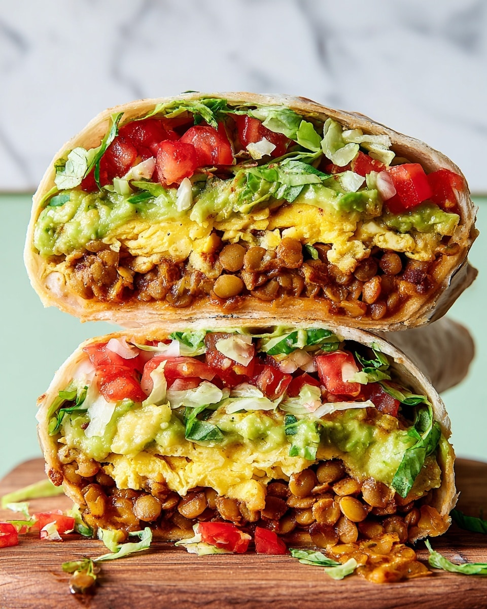 A close-up image shows a sandwich cut into layers stacked on a wooden board with a white marbled background. Each sandwich half reveals four distinct layers: the outer tortilla wrap is soft and pale, inside which there is a thick layer of cooked lentils mixed with a reddish sauce forming a chunky texture, followed by a fluffy yellow scrambled egg layer. Above the egg, there are fresh chopped red tomatoes and green shredded lettuce. Another layer inside shows bright green guacamole with visible chunks of avocado and herbs. Tiny spills of sauce and scattered bits of lettuce and lentils can be seen around the sandwich base. Photo taken with an iphone --ar 4:5 --v 7