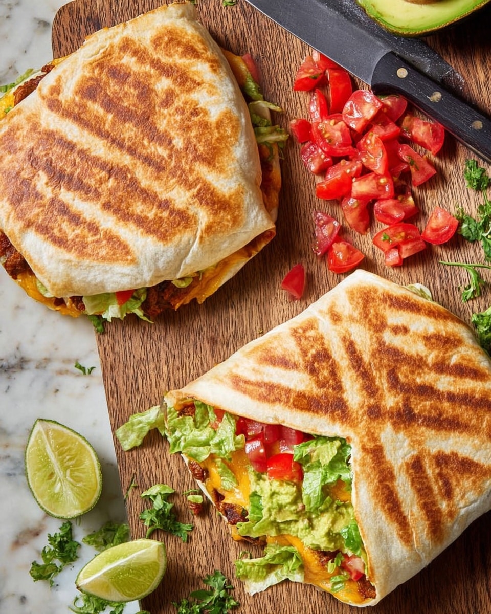 The image shows two grilled burrito pockets on a wooden surface, each with a neatly folded and browned tortilla. The right burrito is slightly opened, revealing layers inside: bright green lettuce, red tomato pieces, a layer of melted cheese with a golden brown hue, and what looks like cooked meat or beans near the bottom. To the left of the burritos, there are chopped tomatoes and some green leafy herbs, along with a half-sliced avocado. A cut lime is placed near the burritos, next to a black-handled knife. The background is a white marbled texture. Photo taken with an iphone --ar 4:5 --v 7