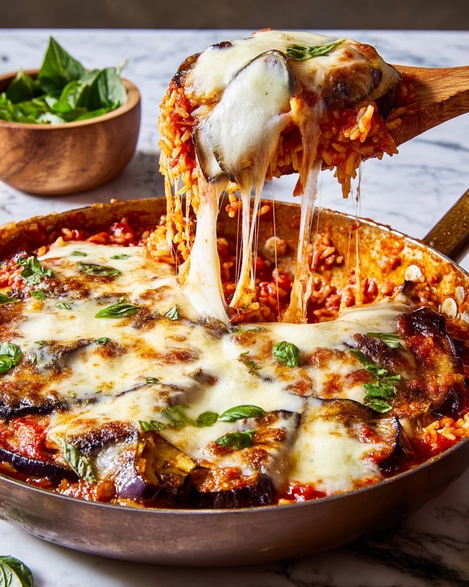 A brown pan filled with a baked dish that has visible layers. The bottom layer is made up of cooked rice mixed with rich red tomato sauce and scattered pieces of grilled, dark brown eggplant. The top layer is thick, melted white cheese with golden brown spots, stretched high by a wooden spatula lifting a portion, showing thick cheese pulls. Bits of fresh green basil leaves dot the top, adding a bright contrast. The pan sits on a white marbled surface with a small wooden bowl of fresh green basil leaves nearby. Photo taken with an iphone --ar 4:5 --v 7