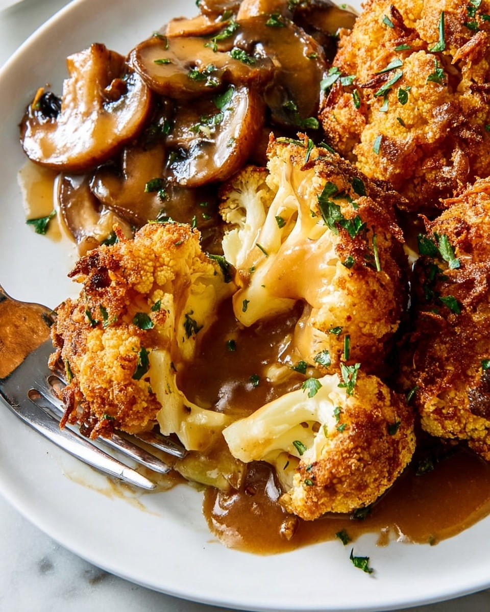 A white plate holds several pieces of fried, golden-brown cauliflower with a crispy and textured outer layer. One piece is broken open, showing a soft, pale yellow interior with creamy sauce draping over the edges. Adjacent are sautéed mushrooms covered in a thick, glossy brown gravy sprinkled with small green herb leaves. A metallic fork rests near the cauliflower on the white marbled texture surface. The image captures rich colors and textures close-up, highlighting the contrast between the crunchy outside and tender inside. photo taken with an iphone --ar 4:5 --v 7