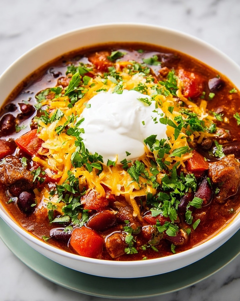 A white bowl filled with thick chili showing layers of red and brown beans, chunks of red tomatoes, and pieces of cooked meat in a rich, dark red sauce. On top, shredded bright yellow cheddar cheese is scattered evenly. Fresh dark green chopped cilantro is sprinkled over the cheese, adding a fresh look. In the center, a smooth, white dollop of sour cream sits, contrasting with the chili colors. The bowl is placed on a white marbled surface. photo taken with an iphone --ar 4:5 --v 7