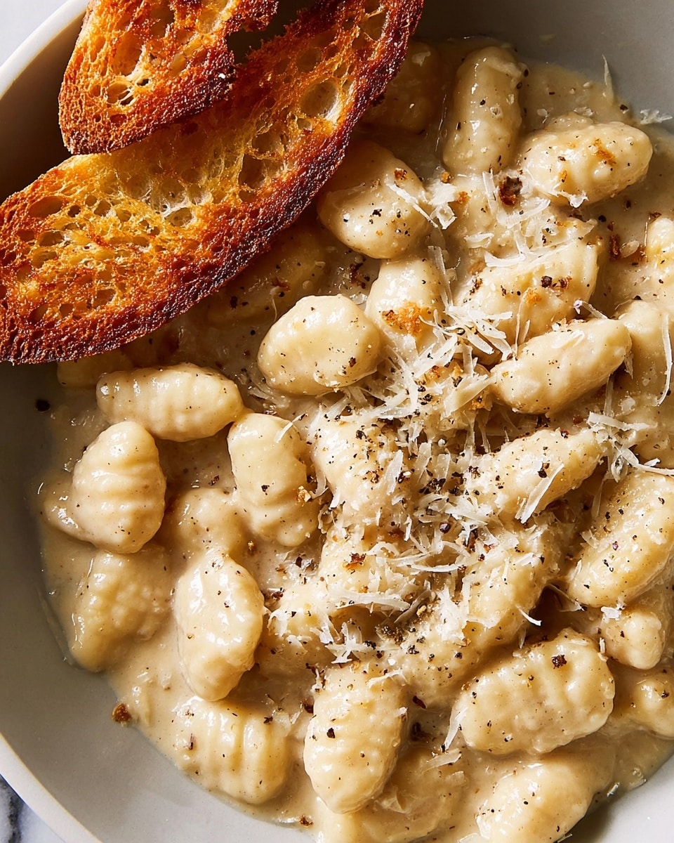 A close-up view of a white bowl filled with small, plump gnocchi coated in a creamy, light beige sauce, sprinkled with grated cheese and black pepper on top. On the left side of the bowl, two thin, crisp pieces of golden-brown toasted bread lean against the gnocchi. The sauce has a smooth, slightly shiny texture, while the gnocchi look soft and tender. The background is a white marbled texture. photo taken with an iphone --ar 4:5 --v 7