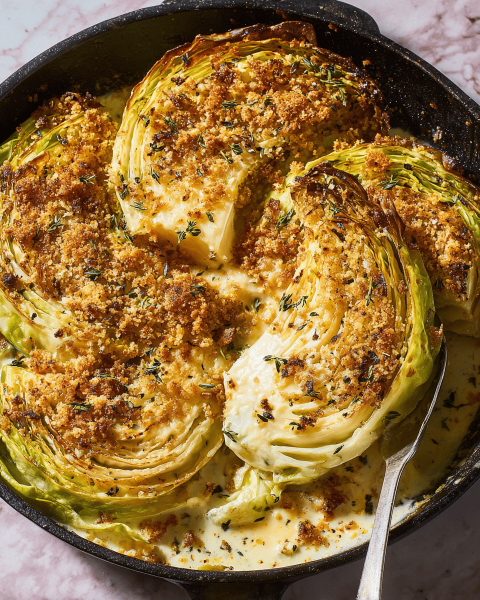 A cast-iron pan holds a baked dish with large thick cabbage wedges arranged in a circular pattern, each wedge showing light yellow and green leaves with browned, crispy edges. The cabbage is covered with a creamy, bubbly cheese sauce layer, topped with a golden-brown crunchy breadcrumb crust sprinkled with fresh green thyme leaves and specks of black pepper. A silver spoon rests under one wedge, slightly lifting it, with a backdrop of a white marbled surface. photo taken with an iphone --ar 4:5 --v 7