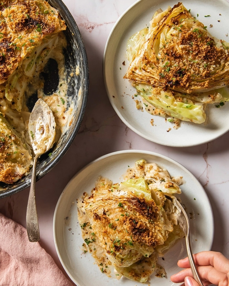 The image shows a baked cabbage dish with two white plates on a white marbled surface with a pink tint. Each plate holds a layered piece of cabbage casserole featuring several layers of pale green cabbage with browned, crispy edges on top. The top layer has a golden, crumbly texture with scattered fresh herbs and visible black pepper. The casserole in a black round pan is partially visible showing a thick layer of creamy sauce mixed with the cabbage and sprinkled with herbs. Two silver forks are placed on the plates, one being held by a woman's hand. The overall texture mixes soft, cooked cabbage leaves and crunchy topping with creamy sauce layers clearly visible. Photo taken with an iphone --ar 4:5 --v 7