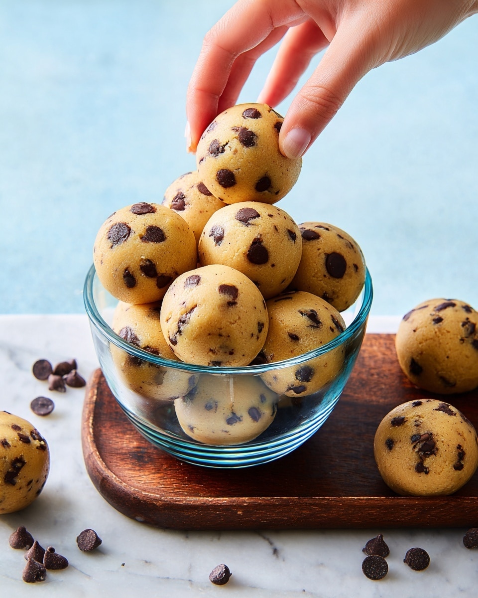 A clear glass bowl filled with round, golden brown dough balls spotted with dark chocolate chips is placed on a dark wooden board, which itself is set on a white marbled surface. Around the bowl, there are a few more dough balls scattered with some chocolate chips lying loose on the surface. A woman's hand is lifting one dough ball from the top of the bowl. The background is a soft blue color. photo taken with an iphone --ar 4:5 --v 7