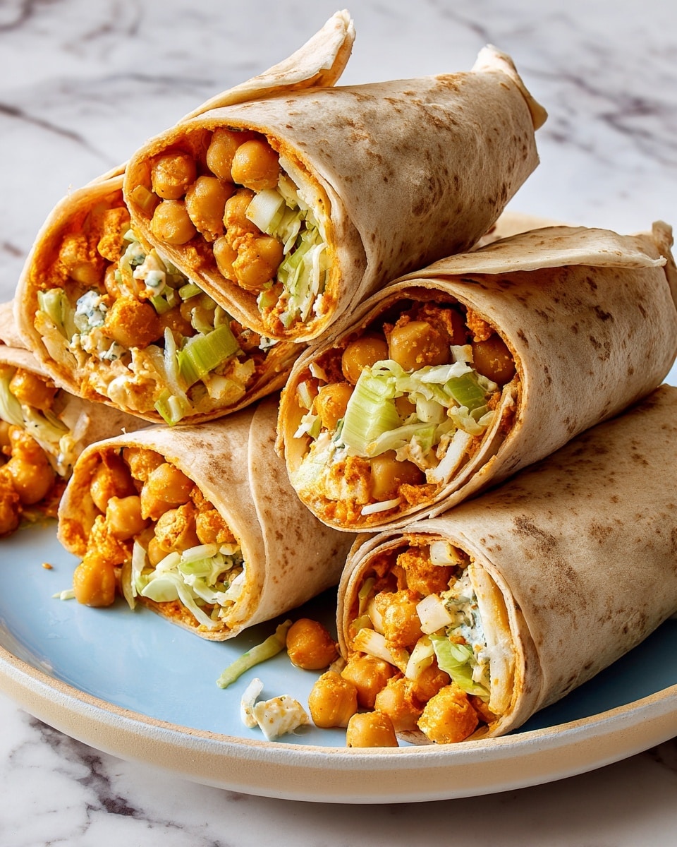The image shows several wraps made of light brown flatbreads filled with chickpeas in orange sauce, light green celery pieces, and shredded pale yellow cabbage mixed with small bits of white cheese. The wraps are cut in halves, displaying the colorful filling inside, with the chickpeas and vegetables clearly visible in the top open parts. These wraps are stacked on a white plate with a thin beige rim. The plate is sitting on a white marbled surface. Photo taken with an iphone --ar 4:5 --v 7
