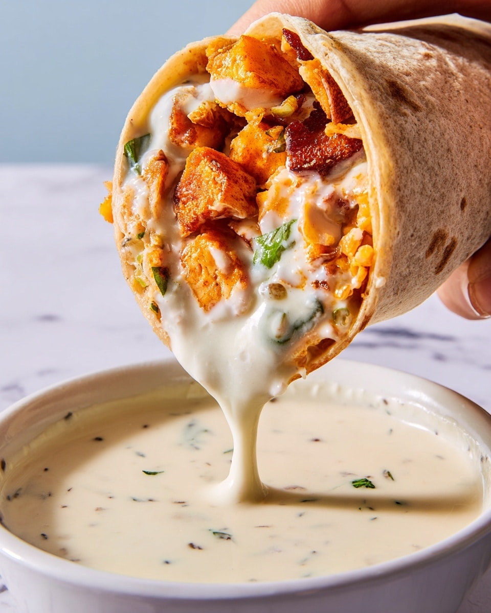 A close-up image of a rolled wrap held by a woman's hand dipping into a white bowl filled with creamy, light-colored sauce with small specks. The wrap has three visible layers inside: the outermost is a soft brownish tortilla, the middle layer shows chunks of bright orange-brown crispy pieces with some green bits peeking through, and the innermost layer is a white, thick, creamy sauce that drips slightly as the wrap dips into the bowl, contrasting with the rich orange filling. The scene is set against a white marbled background. photo taken with an iphone --ar 4:5 --v 7