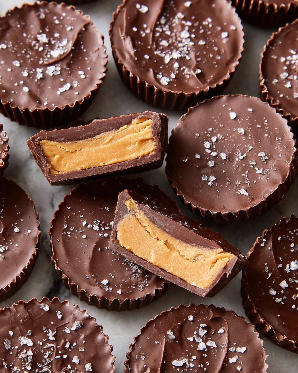 The image shows many round chocolate peanut butter cups on a white marbled surface. Each peanut butter cup has two layers: a shiny dark brown chocolate outer layer with a smooth top sprinkled with coarse sea salt flakes, and a thick creamy light tan peanut butter filling inside. Some cups are whole, showing their rippled edges and flat tops, while others are cut in half, revealing the contrast between the smooth chocolate shell and the dense peanut butter center inside. The cups are close together, filling the frame with rich textures and colors. Photo taken with an iphone --ar 4:5 --v 7