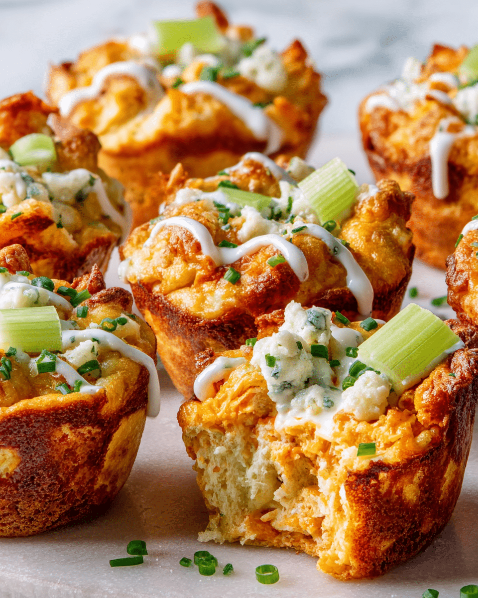 The image shows several muffin-shaped savory bites with a crispy golden-brown crust on the outside and a fluffy, cheesy orange mixture inside. Each bite is topped with light green celery slices, small white crumbles of blue cheese, and chopped bright green chives. There are thin lines of creamy white sauce drizzled over the top. They are placed closely together on a flat surface with a white marbled texture. photo taken with an iphone --ar 4:5 --v 7