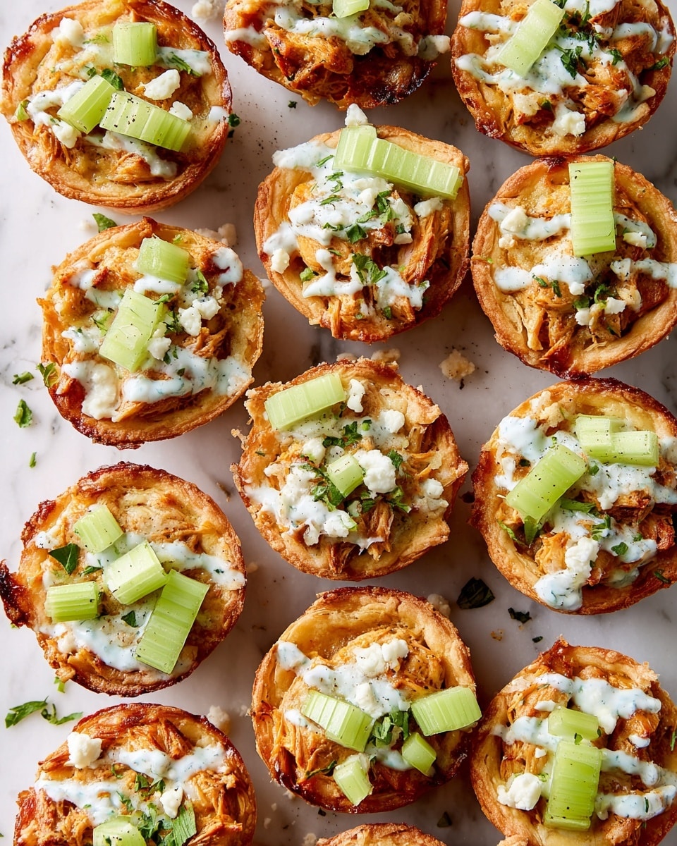 The image shows twelve round mini chicken pies arranged closely on a white marbled surface. Each pie has a golden-brown crispy crust with visible chicken pieces baked inside, giving a textured and slightly uneven top layer. Thin slices of fresh green celery are placed on top of each pie as a second layer. The third layer consists of crumbled light white cheese scattered over the celery. White creamy sauce is drizzled in stripes across each pie, and small green chopped herbs are sprinkled on top and around the pies, adding a fresh touch of color. Some sauce drops and crumb bits are scattered on the surface, enhancing the natural look of the dish, photo taken with an iphone --ar 4:5 --v 7