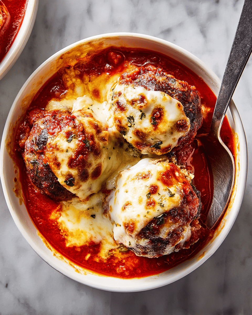 A white bowl filled with three large meatballs sits in a rich, red tomato sauce, each meatball topped with melted, bubbly mozzarella cheese that is golden brown in spots. The cheese covers the meatballs unevenly, creating a textured, creamy white layer over the dark, charred brown meat. The thick tomato sauce surrounds the meatballs, showing a vibrant red color with small bits of herbs mixed in. A large spoon rests inside the bowl, partially immersed in the sauce. The bowl is placed on a surface with a white marbled texture. photo taken with an iphone --ar 4:5 --v 7
