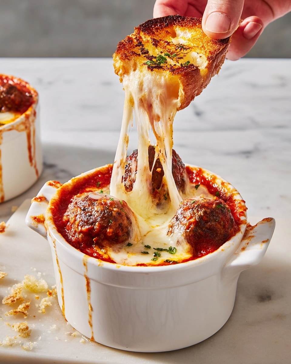 The image shows a white ceramic ramekin filled with a deep red tomato sauce base, topped with three browned meatballs partially covered with melted, bubbly mozzarella cheese. A woman's hand is lifting a toasted bread piece coated heavily with golden-brown melted cheese, stretching gooey, stringy cheese from the ramekin. The ramekin sits on a white marbled surface with some crispy cheese bits and crumbs scattered around. Photo taken with an iphone --ar 4:5 --v 7