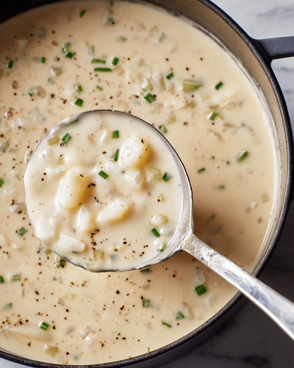 A close-up view of a creamy, thick potato soup in a black pot sitting on a white marbled surface, with a shiny metal ladle scooping some of the soup. The soup is pale beige with small pieces of diced white potatoes and light green chives scattered throughout. Black cracked pepper specks are sprinkled on the smooth surface of the soup, adding texture. The ladle in the foreground shows the soup’s creamy, velvety texture with visible potato cubes and chive bits. Photo taken with an iphone --ar 4:5 --v 7
