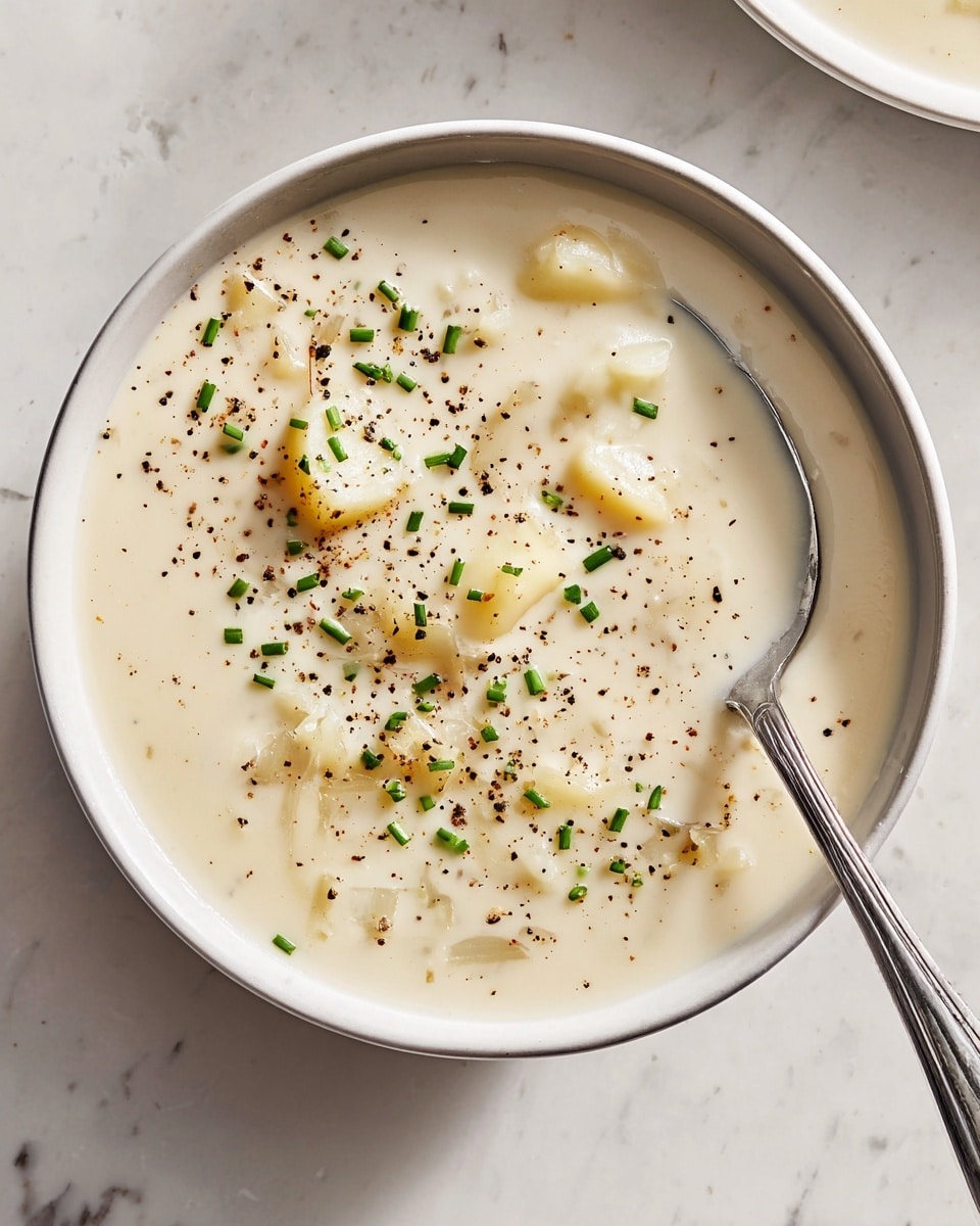 A close-up of a bowl filled with creamy white soup containing small chunks of potato and onion. The soup is lightly sprinkled with small green chive pieces and black pepper flakes on top, creating a speckled look. A silver spoon rests inside the bowl on the right side, partly submerged in the soup. The bowl is white and sits on a white marbled surface. photo taken with an iphone --ar 4:5 --v 7