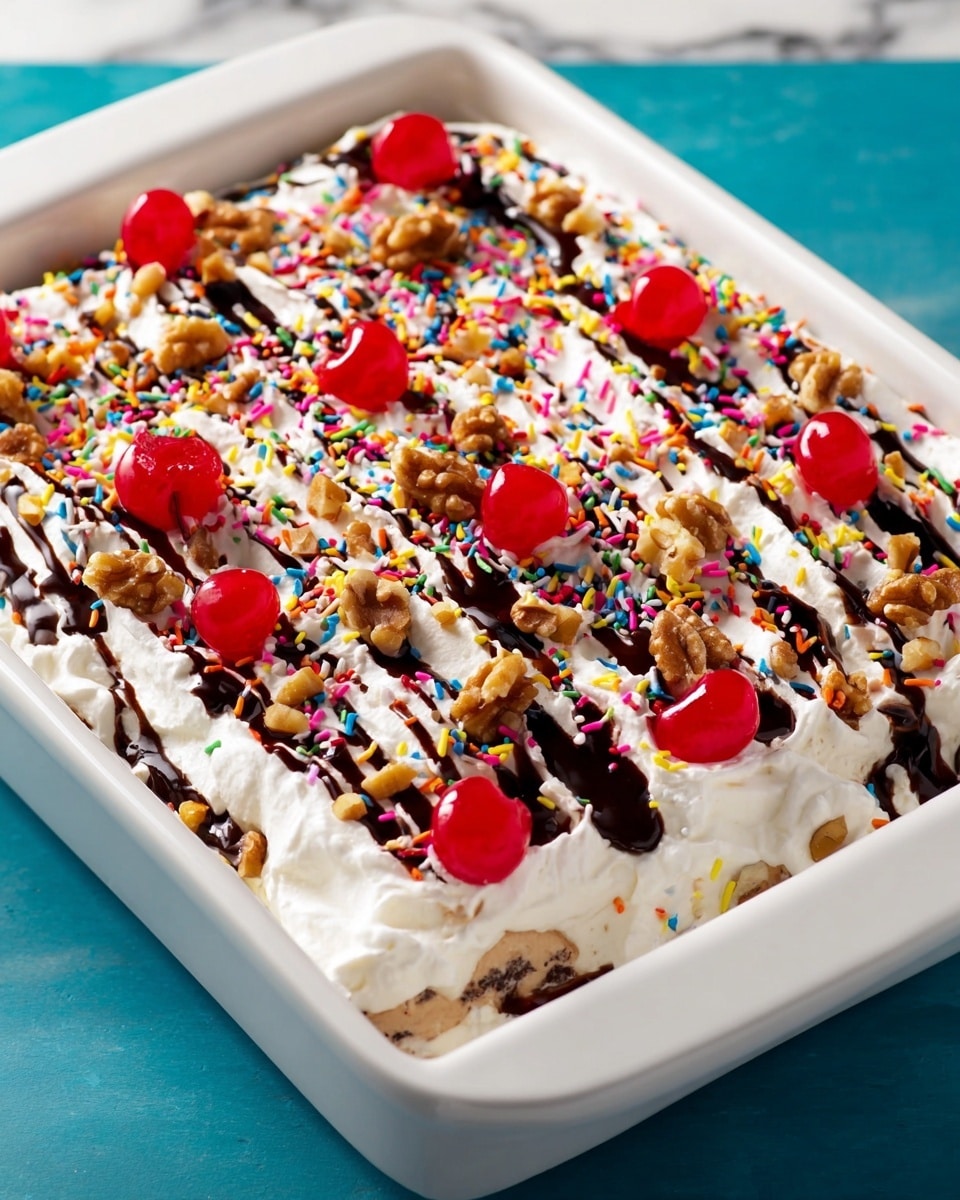 A rectangular white dish holds a two-layer dessert. The bottom layer is light brown, covered by a thick top layer of smooth white whipped cream. The top is decorated with swirls of dark chocolate sauce evenly spread across the surface. Colorful rainbow sprinkles are scattered on top, along with chunks of light brown walnuts and bright red cherries with stems placed evenly over the dessert. The dish is set on a white marbled texture. photo taken with an iphone --ar 4:5 --v 7