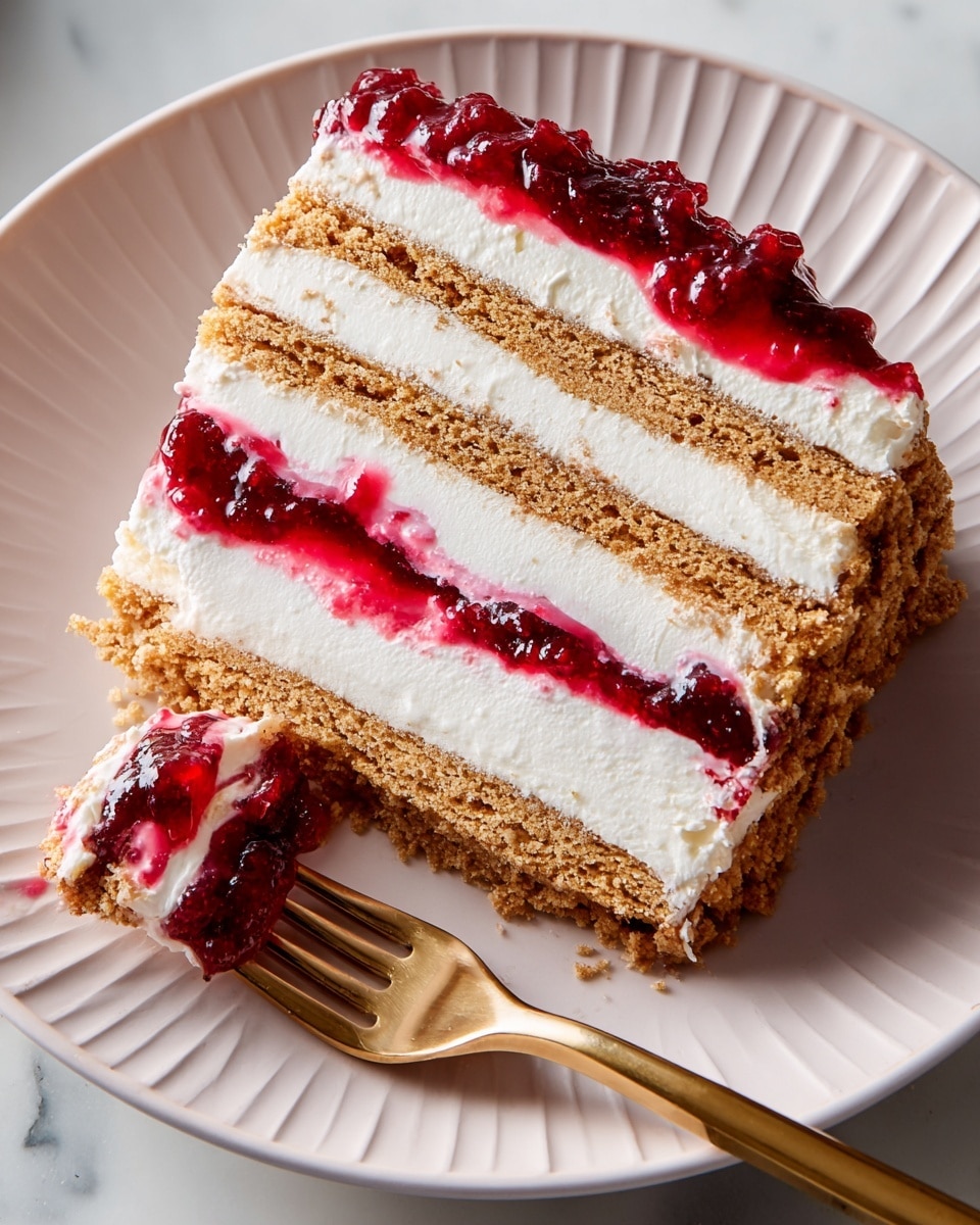 A slice of layered dessert sits on a white plate with a soft ridged edge. The dessert has three visible layers of light brown crumbly crust at the bottom, middle, and near the top. Sandwiched between these crust layers are two thick layers of smooth white cream and two thinner layers of bright red jam or jelly. On top of the dessert is a dollop of chunky red fruit topping. A fork is on the plate with a piece of the dessert on its prongs, showing the same layer pattern. The surface beneath is a white marbled texture. Photo taken with an iphone --ar 4:5 --v 7