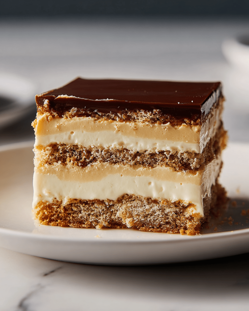 A close-up of a layered dessert on a white plate with a white marbled texture below, showing four main layers: the bottom layer is a crumbly, light brown biscuit base, followed by a thick creamy beige custard layer that looks soft and smooth. Above this is another crumbly biscuit layer, then another rich custard layer, topped with a final thin biscuit layer. The very top is covered with a shiny dark chocolate glaze that adds a glossy finish to the dessert. Photo taken with an iphone --ar 4:5 --v 7