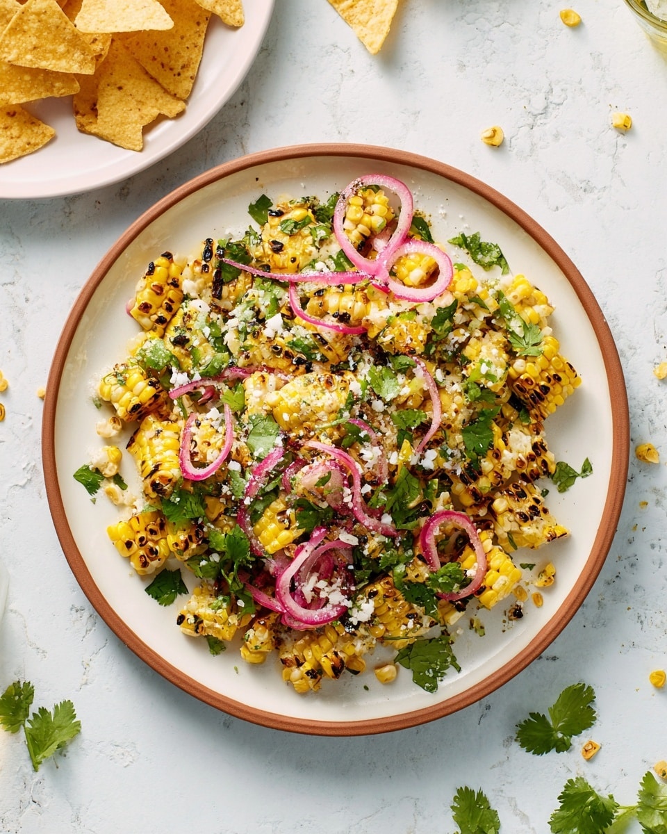A close-up view of a white plate with a brown rim filled with grilled corn salad made of yellow charred corn cut into chunks and kernels, mixed with bright green chopped herbs and leafy cilantro, and thin curly slices of pink pickled onions scattered on top. The salad is sprinkled with white grated cheese or a similar crumbly topping. The plate sits on a white marbled texture background, with some scattered corn kernels and chopped herbs around. Part of a second white plate with tortilla chips is visible in the top left corner. photo taken with an iphone --ar 4:5 --v 7