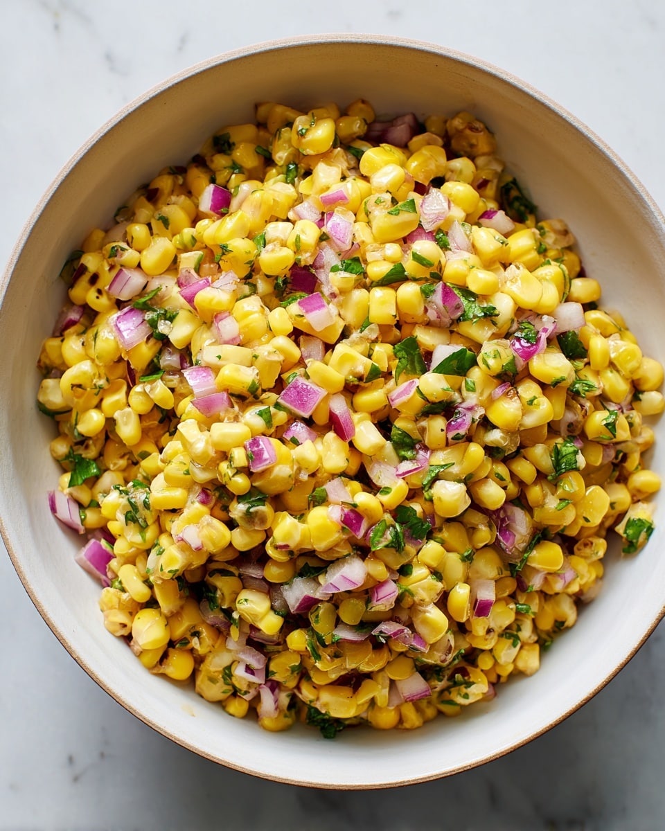 A close-up view of a corn salad in a white bowl, showing bright yellow corn kernels as the main layer mixed with small pieces of chopped red onions that add purple and white colors, along with bits of chopped green herbs and jalapeño peppers scattered evenly throughout, all sitting on a white marbled surface. photo taken with an iphone --ar 4:5 --v 7