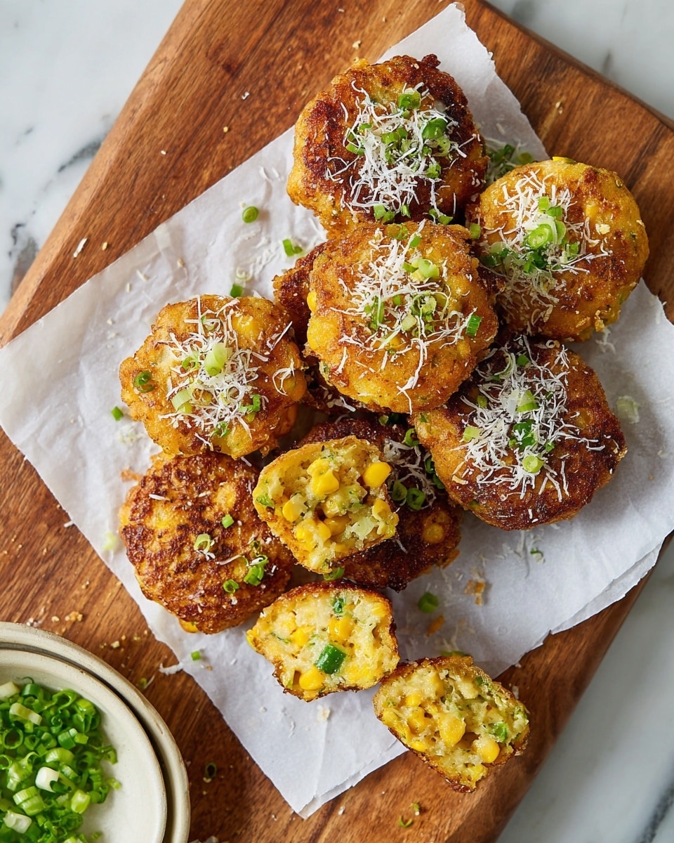 The image shows a wooden board with a white paper on top holding several round corn fritters, each about two layers thick. The fritters have a crispy golden-brown outside layer with visible bits of corn and green onion inside. The inside layer is yellow from the corn and soft textured. The fritters are sprinkled with shredded white cheese and chopped green onion, adding fresh green and white colors on top. Two fritters are cut in half, revealing their moist and tender center filled with corn and small green pieces. The background on the side is a white marbled texture. Photo taken with an iphone --ar 4:5 --v 7
